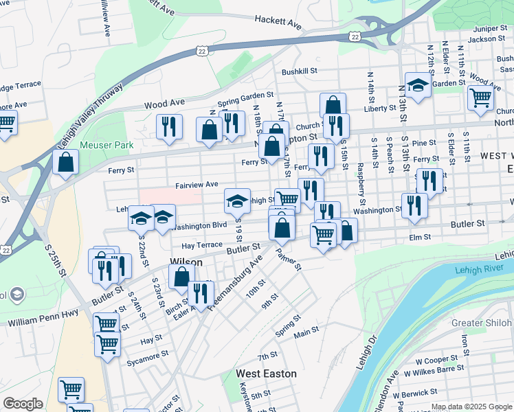 map of restaurants, bars, coffee shops, grocery stores, and more near 1822 Lehigh Street in Easton
