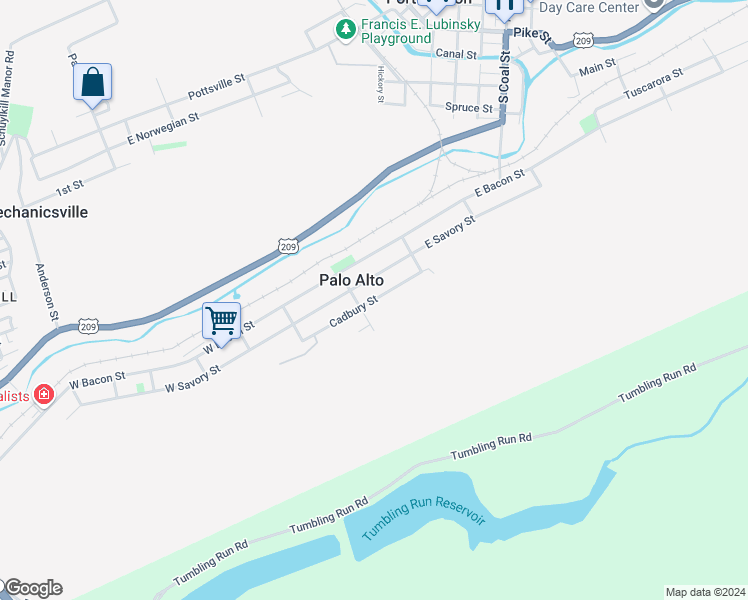 map of restaurants, bars, coffee shops, grocery stores, and more near Cadbury Street in Palo Alto