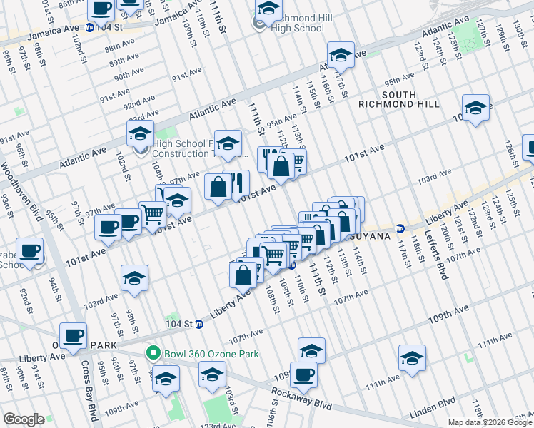 map of restaurants, bars, coffee shops, grocery stores, and more near 101-33 109th Street in Queens