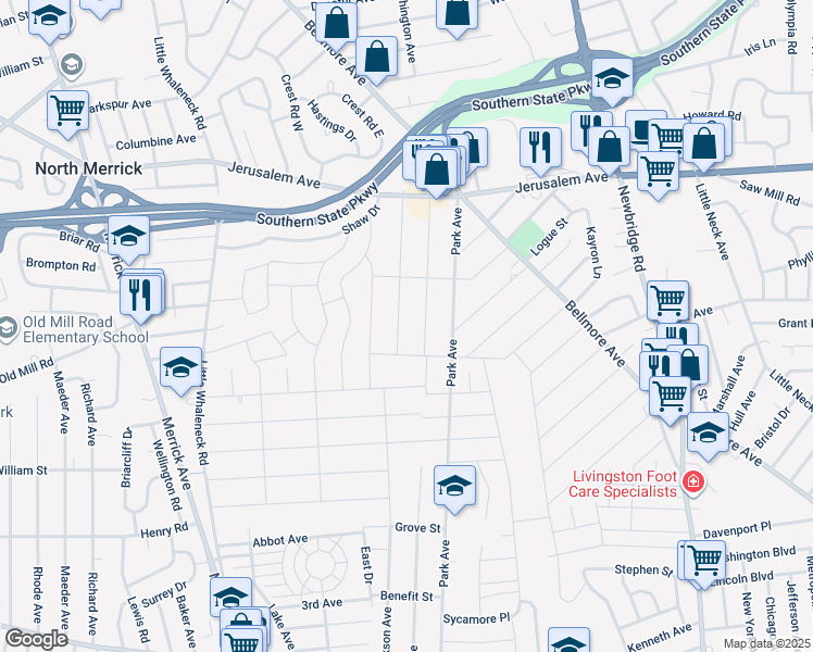 map of restaurants, bars, coffee shops, grocery stores, and more near 2195 Redmond Road in Merrick