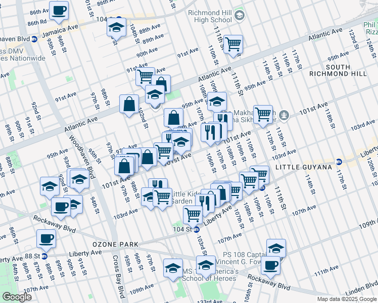 map of restaurants, bars, coffee shops, grocery stores, and more near 97-56 105th Street in Queens