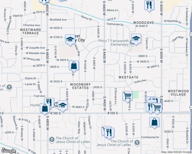 map of restaurants, bars, coffee shops, grocery stores, and more near 4473 Thayn Drive in West Valley City