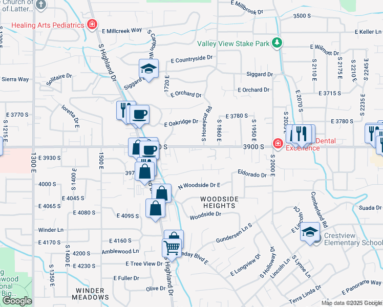 map of restaurants, bars, coffee shops, grocery stores, and more near 1818 East 3900 South in Holladay