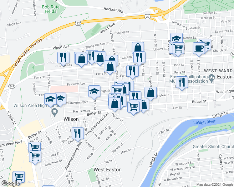 map of restaurants, bars, coffee shops, grocery stores, and more near 211 South 17th Street in Easton
