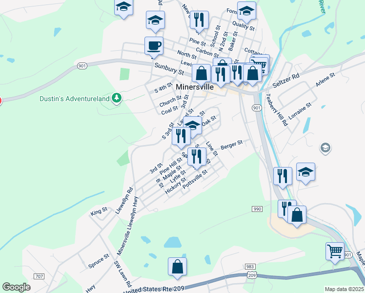 map of restaurants, bars, coffee shops, grocery stores, and more near 430 Heffner Street in Minersville