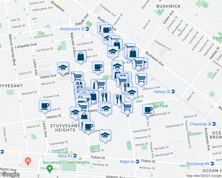 map of restaurants, bars, coffee shops, grocery stores, and more near 912 Putnam Avenue in Brooklyn