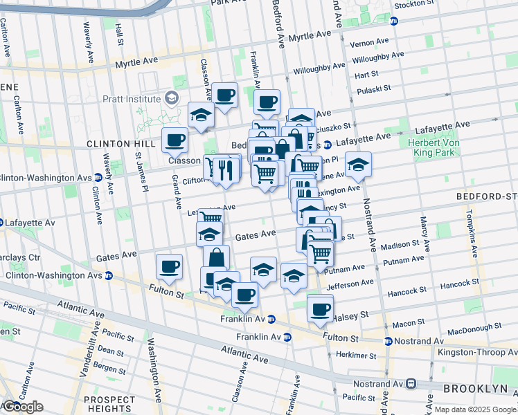 map of restaurants, bars, coffee shops, grocery stores, and more near 94 Quincy Street in Brooklyn