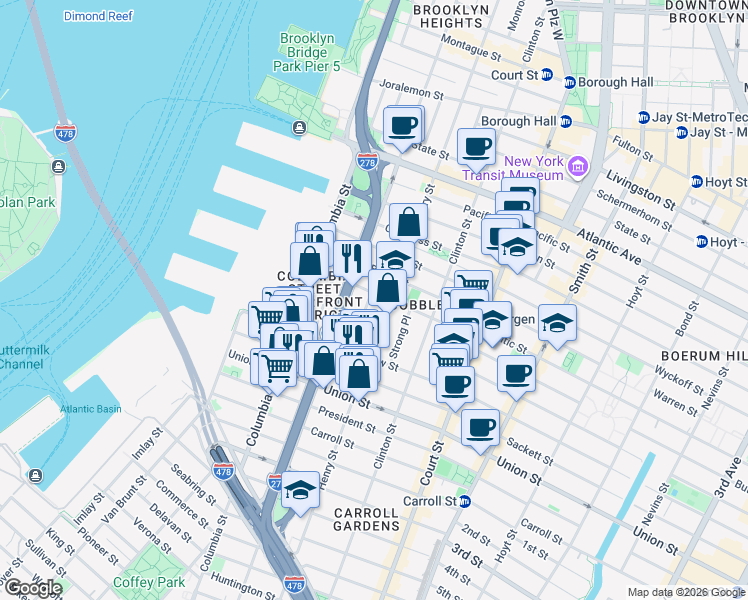 map of restaurants, bars, coffee shops, grocery stores, and more near 30 Cheever Place in Brooklyn