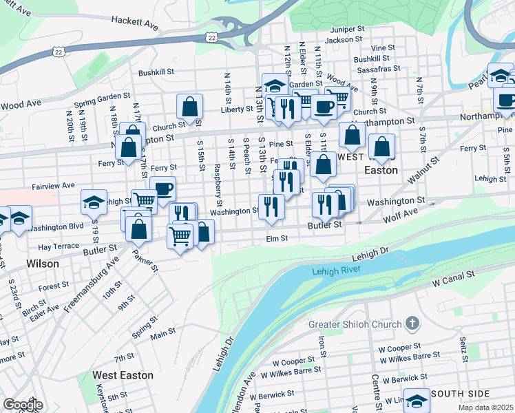 map of restaurants, bars, coffee shops, grocery stores, and more near 1309 Washington Street in Easton