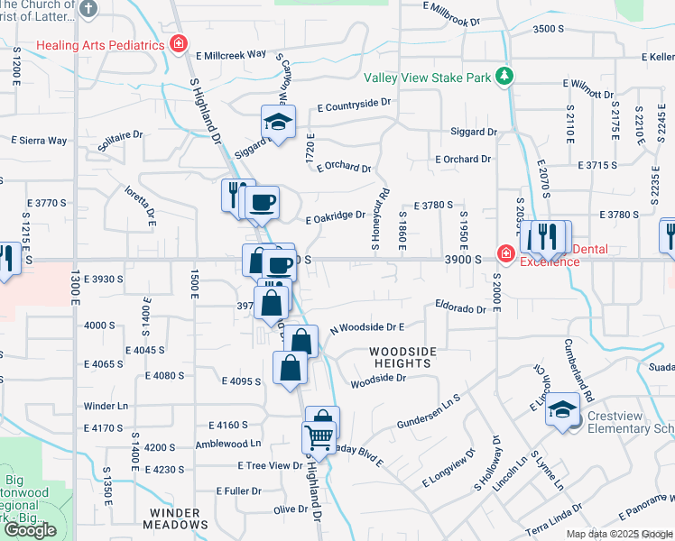 map of restaurants, bars, coffee shops, grocery stores, and more near 1812 East 3900 South in Holladay