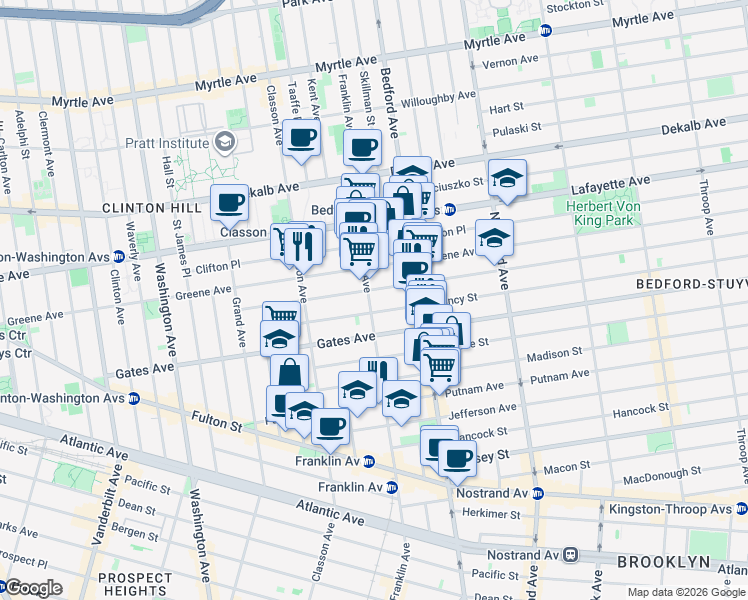 map of restaurants, bars, coffee shops, grocery stores, and more near 128 Quincy Street in Brooklyn