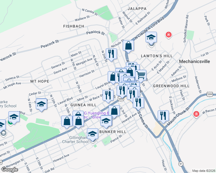 map of restaurants, bars, coffee shops, grocery stores, and more near 305 West Race Street in Pottsville