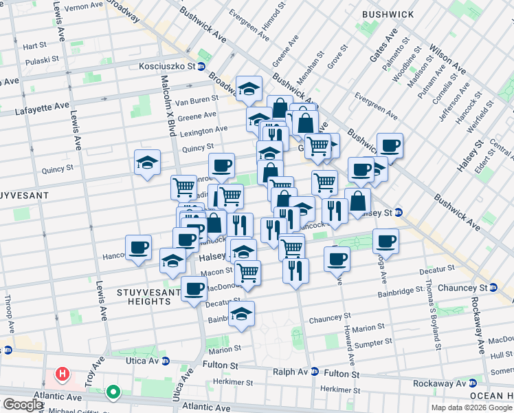 map of restaurants, bars, coffee shops, grocery stores, and more near 916 Putnam Avenue in Brooklyn