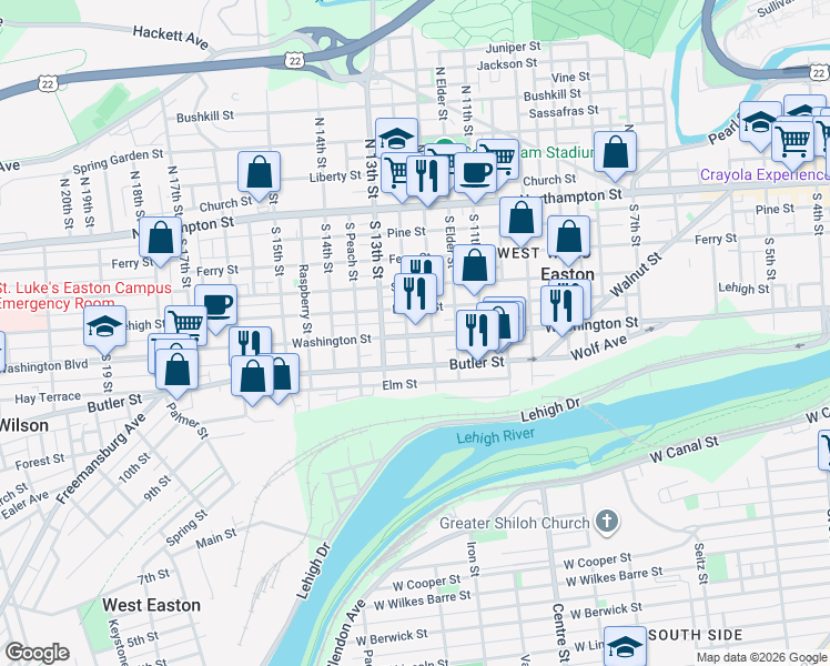 map of restaurants, bars, coffee shops, grocery stores, and more near 1213 Butler Street in Easton