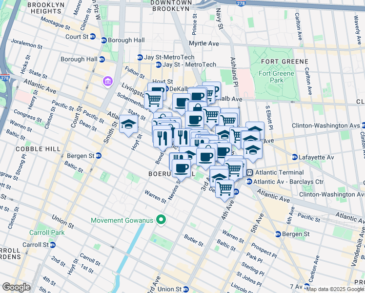 map of restaurants, bars, coffee shops, grocery stores, and more near 423 Atlantic Avenue in Brooklyn