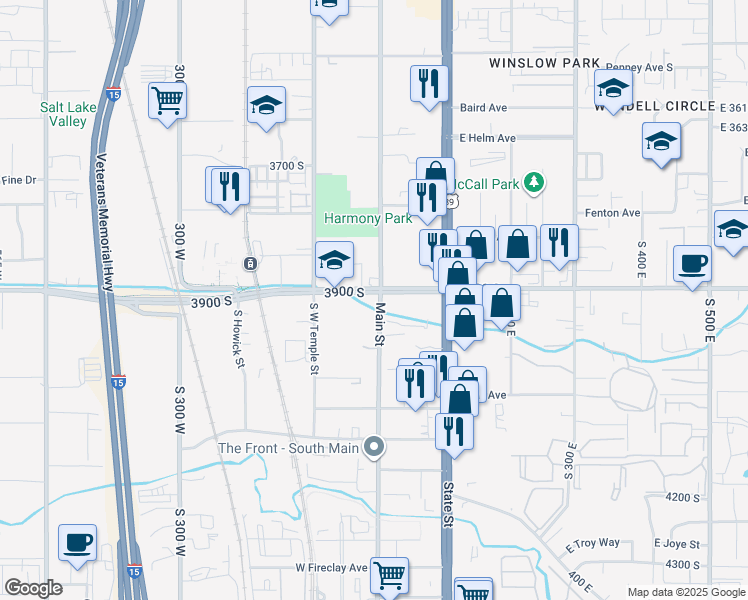 map of restaurants, bars, coffee shops, grocery stores, and more near 3951 South Main Street in Murray
