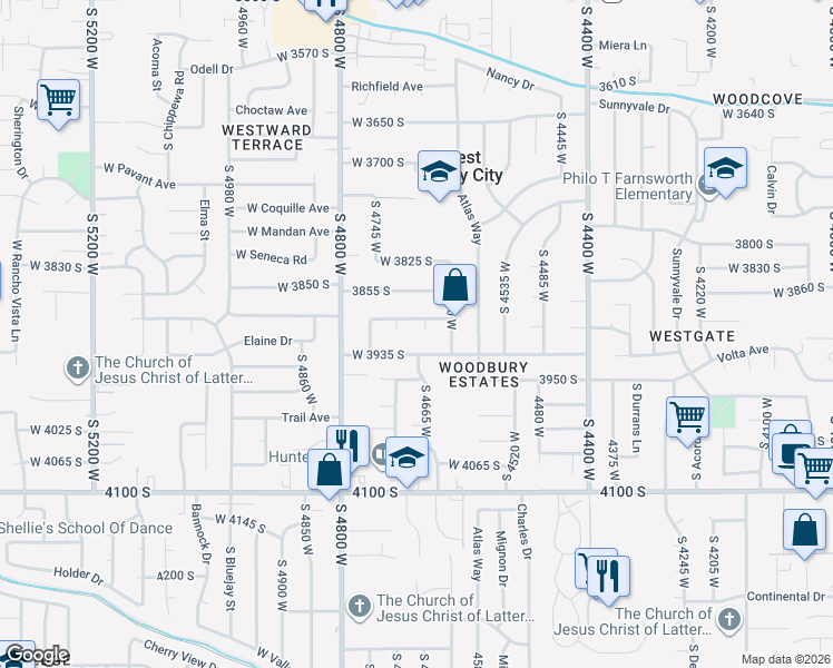 map of restaurants, bars, coffee shops, grocery stores, and more near 4705 West 3935 South in West Valley City