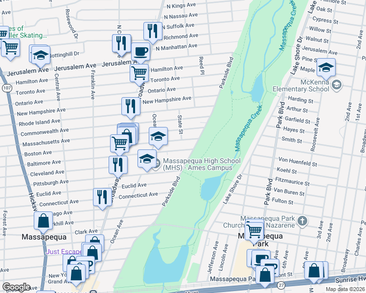 map of restaurants, bars, coffee shops, grocery stores, and more near 189 Baltimore Avenue in Massapequa