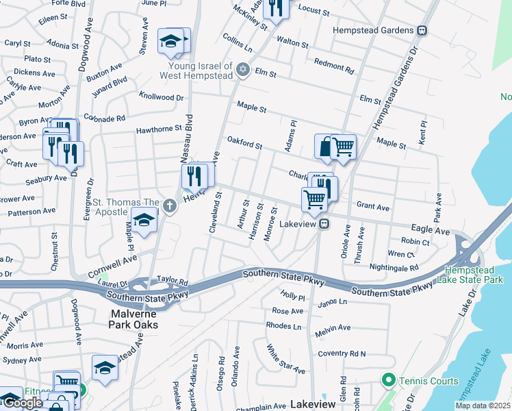 map of restaurants, bars, coffee shops, grocery stores, and more near 836 Monroe Street in West Hempstead