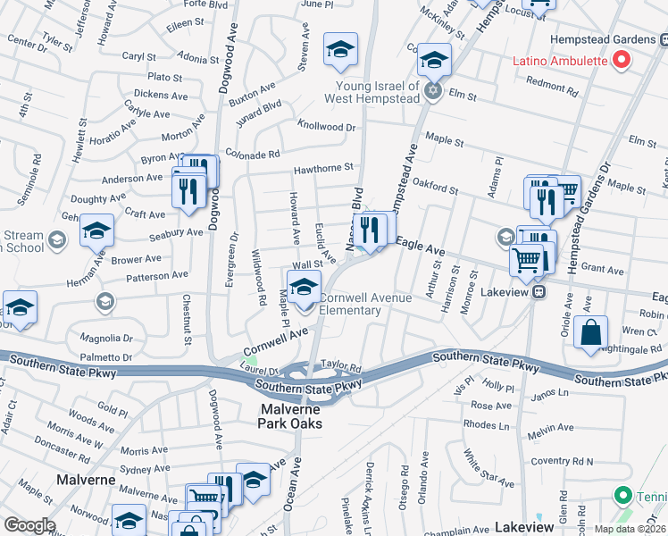 map of restaurants, bars, coffee shops, grocery stores, and more near 875 Hempstead Avenue in West Hempstead