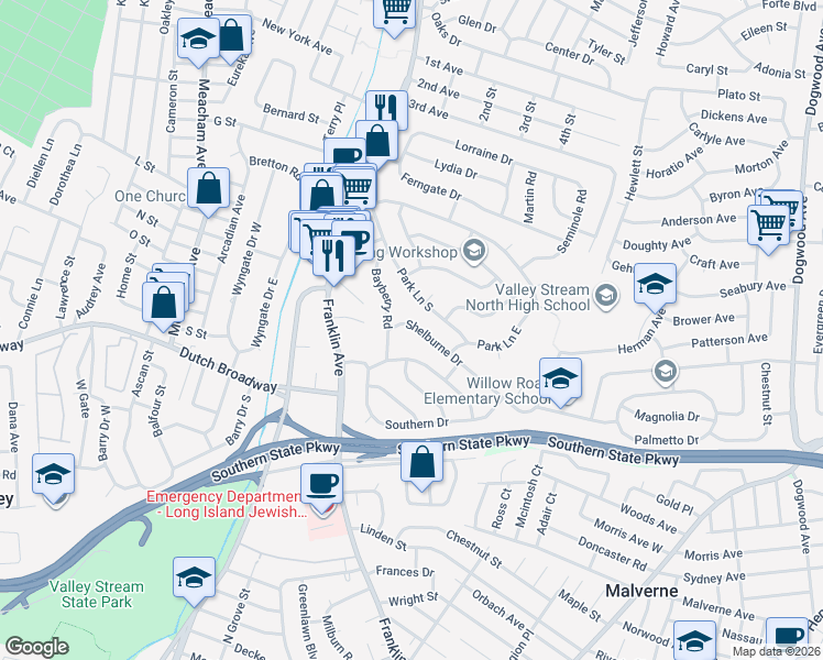 map of restaurants, bars, coffee shops, grocery stores, and more near 1056 Woodcliff Drive in Franklin Square