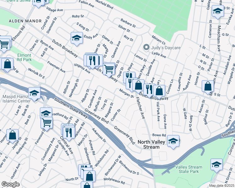 map of restaurants, bars, coffee shops, grocery stores, and more near 859 Niagara Street in Elmont