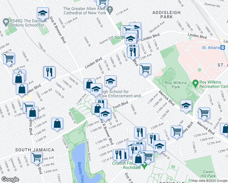 map of restaurants, bars, coffee shops, grocery stores, and more near 116-31 166th Street in Queens