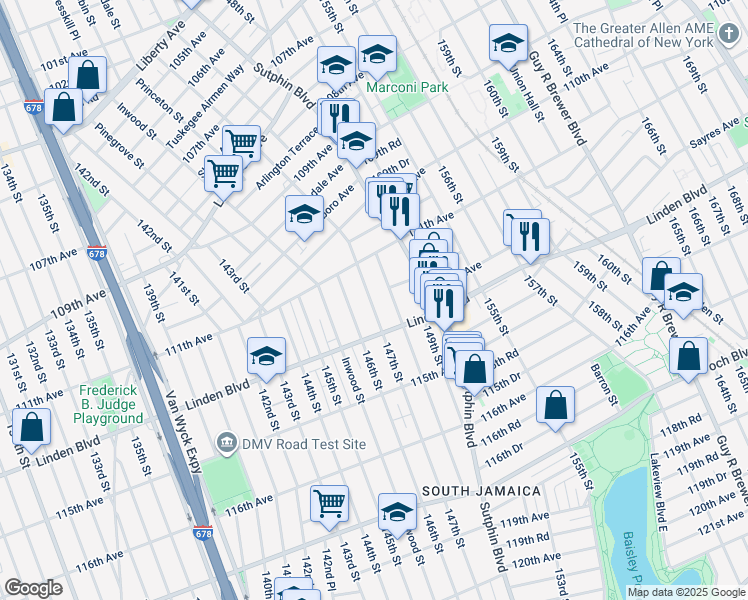 map of restaurants, bars, coffee shops, grocery stores, and more near 111-66 Liverpool Street in Queens
