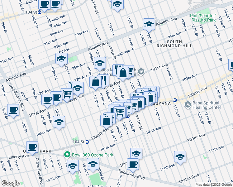 map of restaurants, bars, coffee shops, grocery stores, and more near 109-15 103rd Avenue in Queens