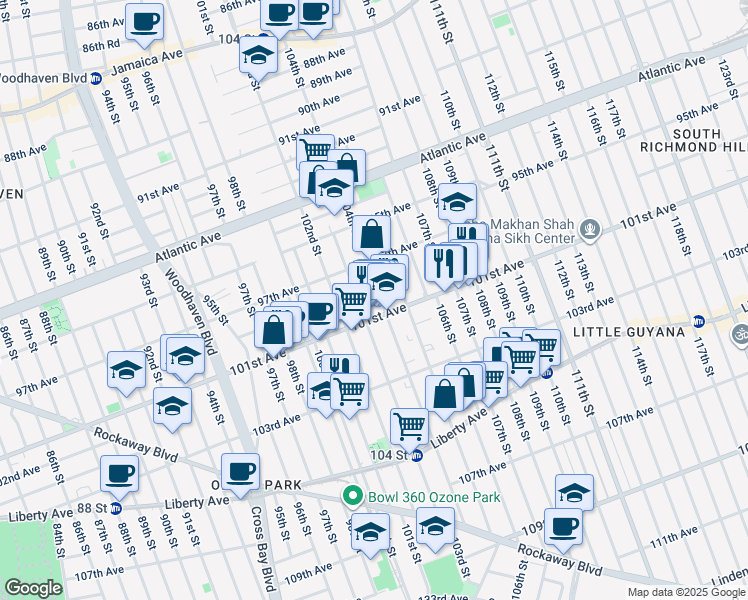map of restaurants, bars, coffee shops, grocery stores, and more near 97-56 105th Street in Queens