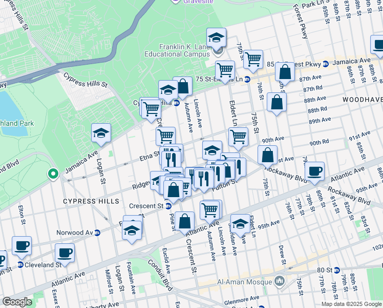 map of restaurants, bars, coffee shops, grocery stores, and more near 493 Ridgewood Avenue in Brooklyn