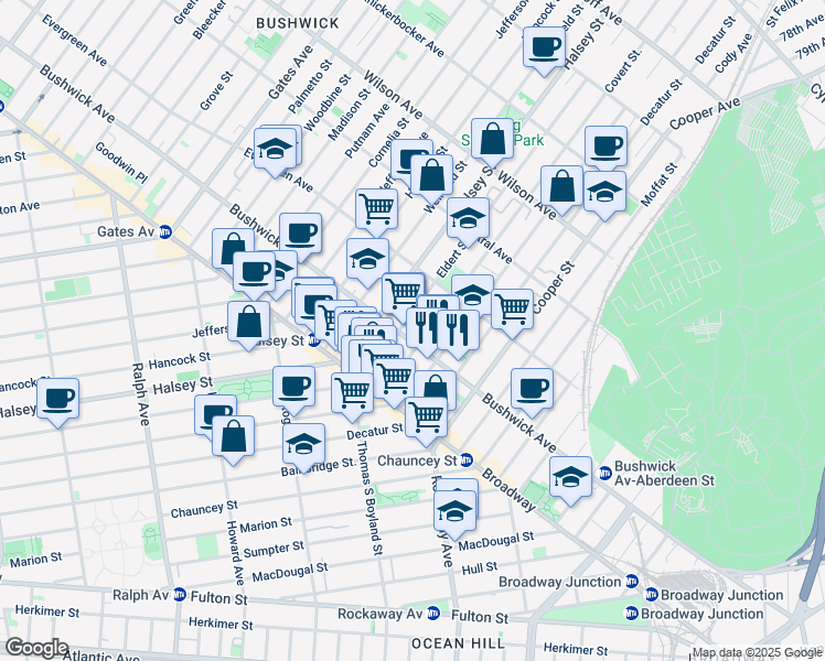 map of restaurants, bars, coffee shops, grocery stores, and more near 48 Covert Street in Brooklyn