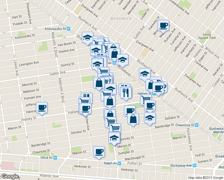 map of restaurants, bars, coffee shops, grocery stores, and more near 119 Ralph Avenue in Brooklyn