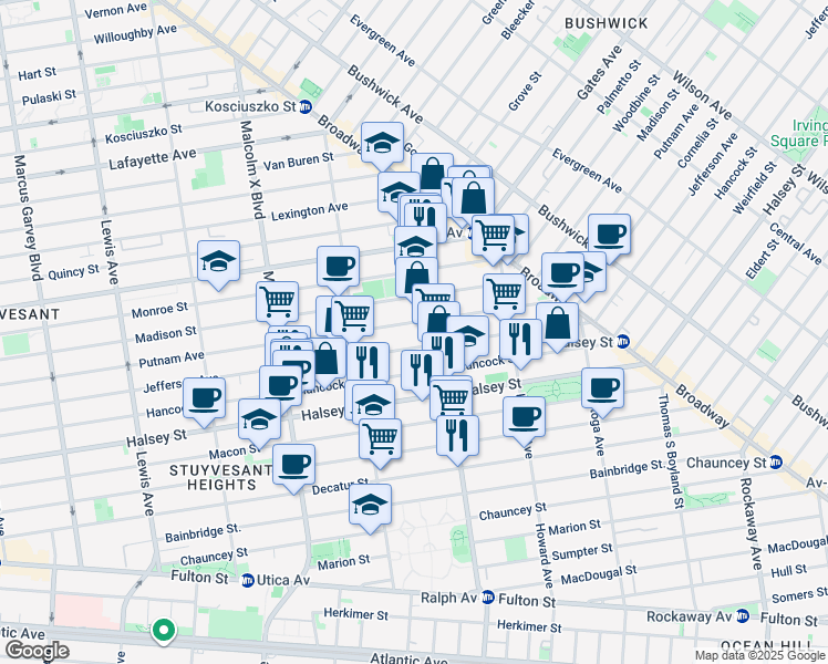 map of restaurants, bars, coffee shops, grocery stores, and more near 822 Jefferson Avenue in Brooklyn