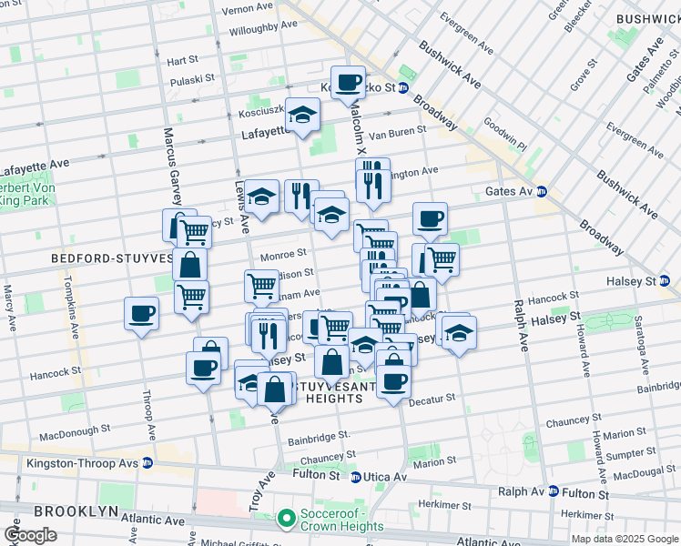 map of restaurants, bars, coffee shops, grocery stores, and more near 742 Putnam Avenue in Brooklyn