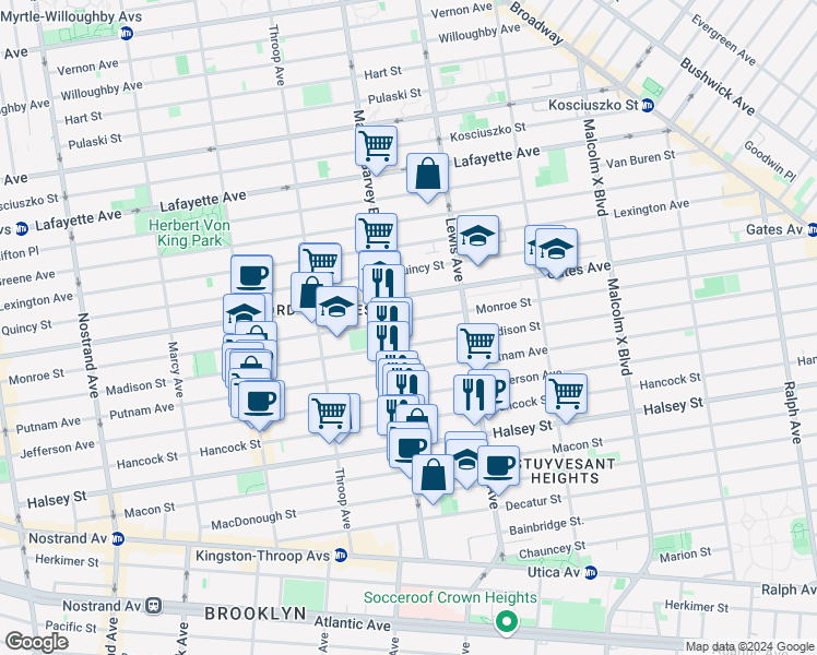 map of restaurants, bars, coffee shops, grocery stores, and more near 500 Madison Street in Brooklyn