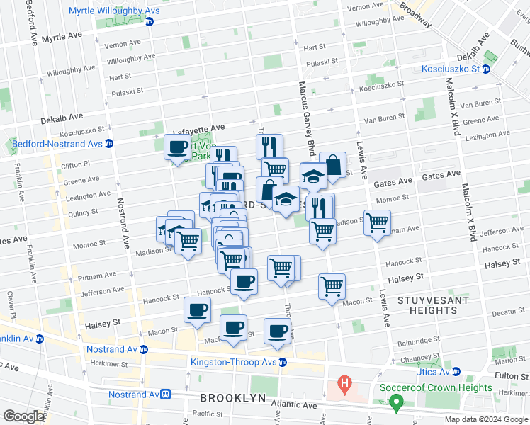 map of restaurants, bars, coffee shops, grocery stores, and more near 397 Madison Street in Brooklyn