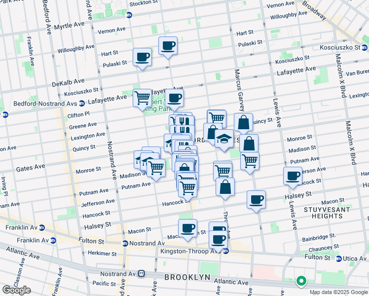 map of restaurants, bars, coffee shops, grocery stores, and more near 364 Monroe Street in Brooklyn