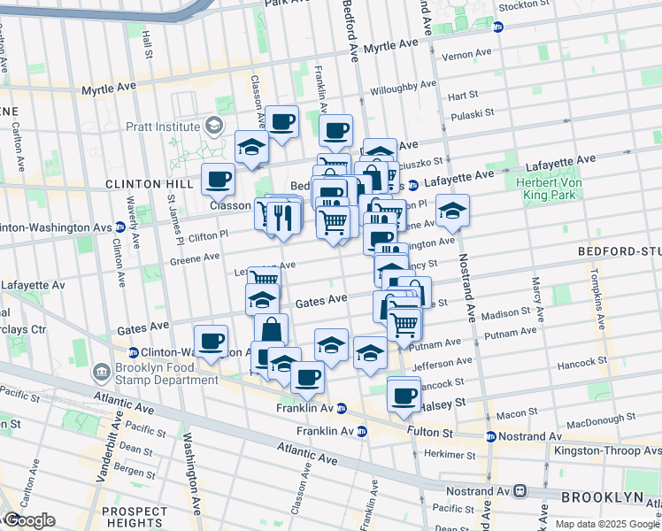 map of restaurants, bars, coffee shops, grocery stores, and more near 94 Quincy Street in Brooklyn