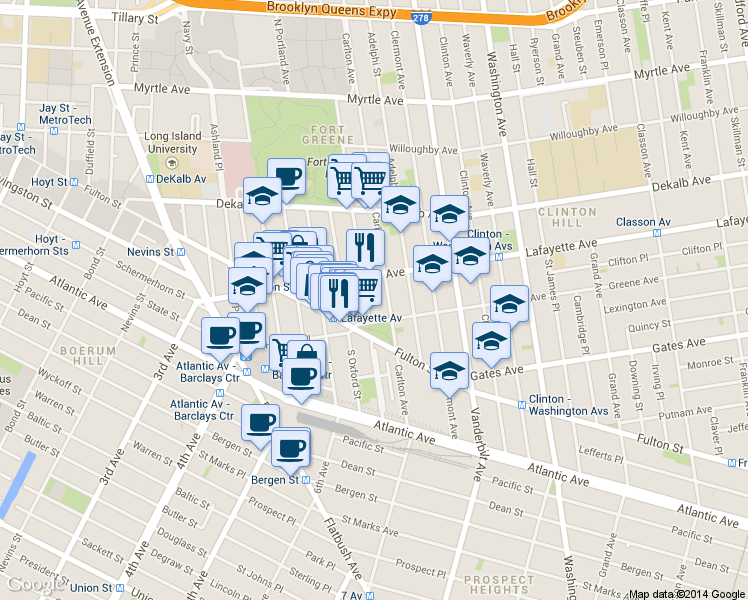 map of restaurants, bars, coffee shops, grocery stores, and more near 19 Greene Avenue in Brooklyn