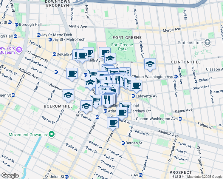 map of restaurants, bars, coffee shops, grocery stores, and more near 121 Saint Felix Street in Brooklyn