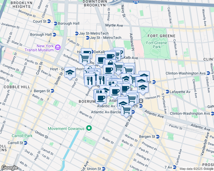 map of restaurants, bars, coffee shops, grocery stores, and more near 460 Atlantic Avenue in Brooklyn