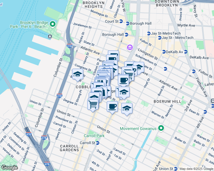 map of restaurants, bars, coffee shops, grocery stores, and more near 280 Warren Street in Brooklyn