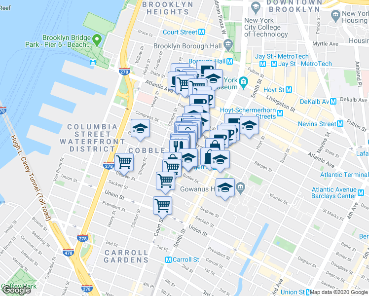 map of restaurants, bars, coffee shops, grocery stores, and more near 280 Warren Street in Brooklyn