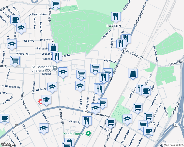map of restaurants, bars, coffee shops, grocery stores, and more near 948 Sheridan Avenue in Elizabeth