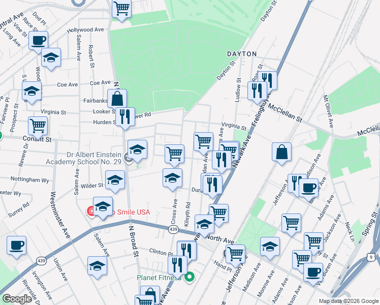 map of restaurants, bars, coffee shops, grocery stores, and more near 948 Kilsyth Road in Elizabeth