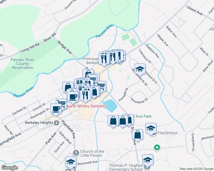 map of restaurants, bars, coffee shops, grocery stores, and more near 164 Snyder Avenue in Berkeley Heights
