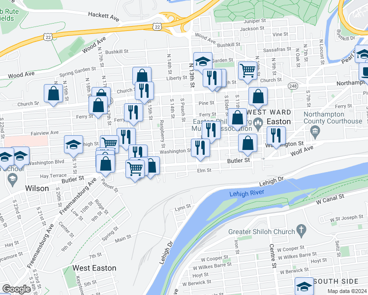 map of restaurants, bars, coffee shops, grocery stores, and more near 1330 Washington Street in Easton