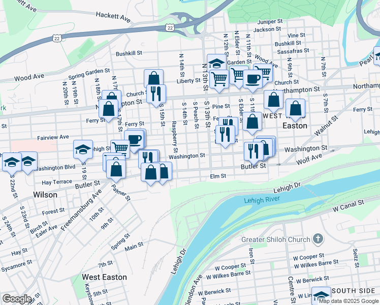 map of restaurants, bars, coffee shops, grocery stores, and more near 1330 Washington Street in Easton