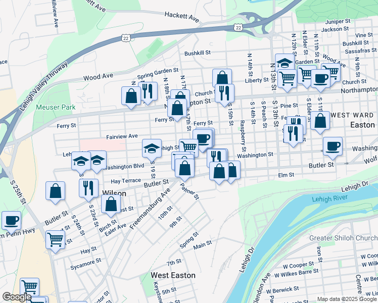 map of restaurants, bars, coffee shops, grocery stores, and more near 1704 Washington Boulevard in Easton